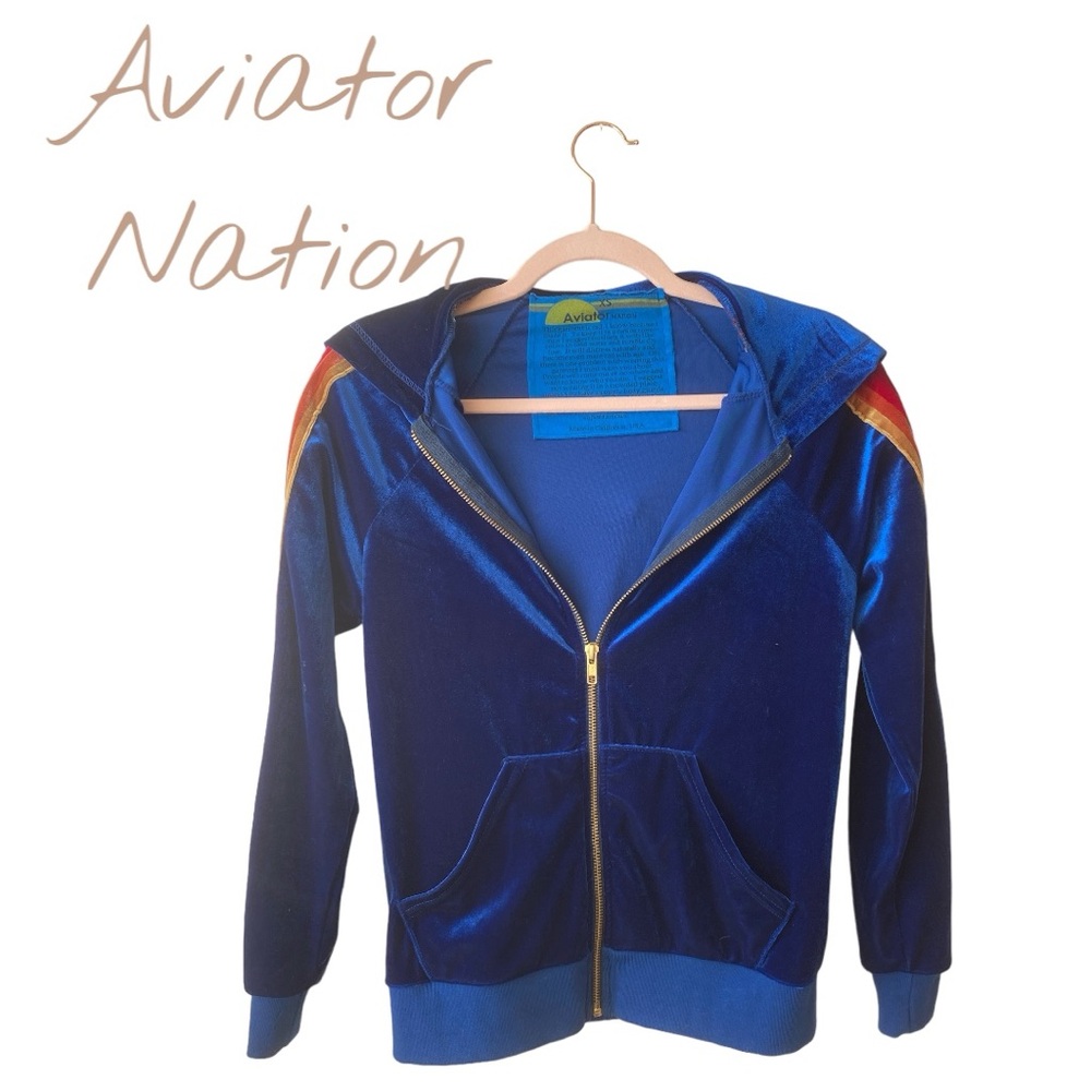 Aviator Nation Blue Velour zip front Hoodie sz XS